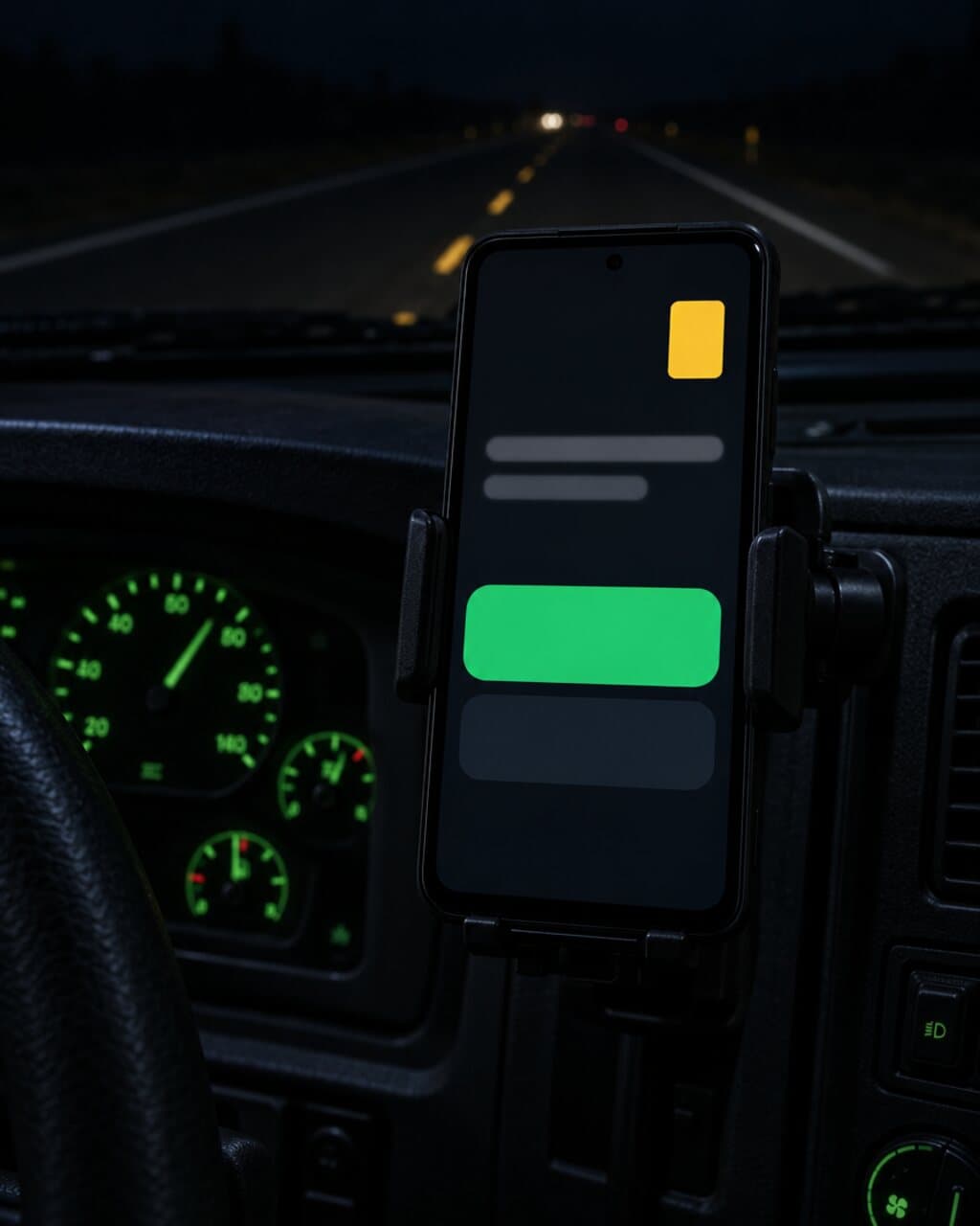 Phone mounted on a truck dashboard at night showing a PassRig quiz with one large green answer button